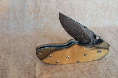 Şam çelik ve Box Elder kolu ile liner Lock katlanır bıçak oldukça henüz yararlı bir araçtır. Bokeh efekti.