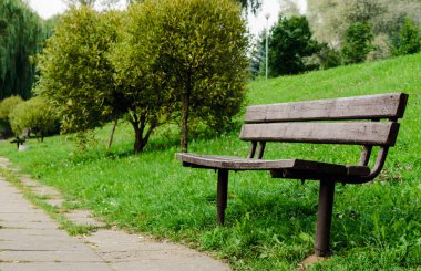 Yeşil çim ortasında parkta kahverengi tezgah