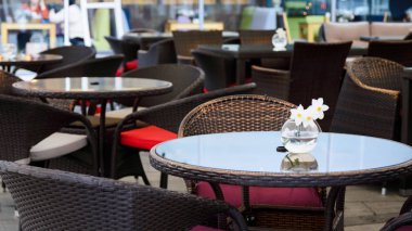 Sokakta çiçek vazo ve sandalyeler ile Tablolar