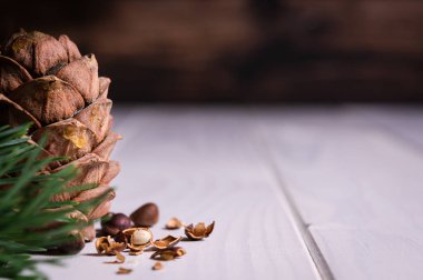 Yazmak için boş bir yer olan doğal arka plan, açık ahşap masaya yakın çam kozalaklı sedir fıstığı.