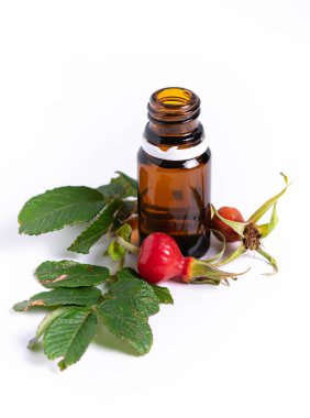 Ayır, yağlı cam şişe ve beyaz arka planda gül kalçası.