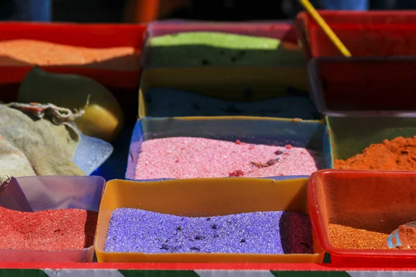 Colored crystal sugar powder sold on the streets in Mexico — Stock Photo, Image