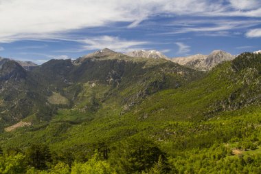 Bulutlu bir gökyüzü, karlı dağlarda Highland yolları