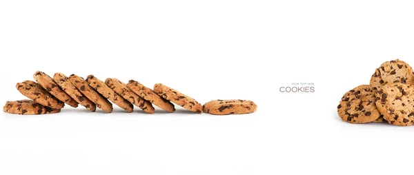 バナーがたっぷりおいしい焼きたてのカリカリの自家製チョコレート チップ クッキー Copyspace を白で隔離 — ストック写真