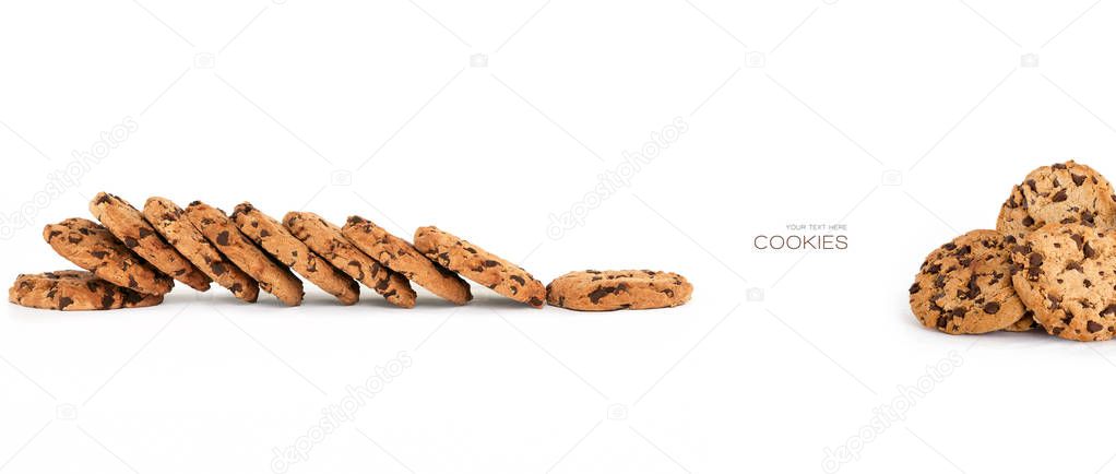 Banner with lots of delicious freshly baked crunchy homemade chocolate chip cookies isolated on white with copyspace