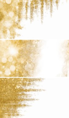 Set of three festive gold glitter backgrounds on white with copy space in abstract patterns for use as design templates for seasonal holiday greetings clipart