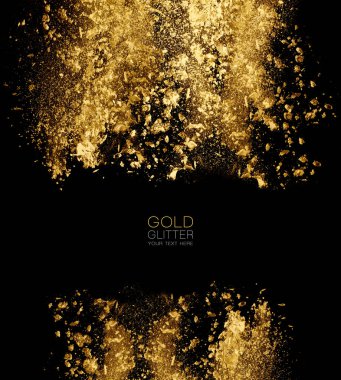 Altın glitter toz siyah kare biçiminde bir festival ya da güzellik arka plan için merkezi kopya alanı ile dağınık. Altın tozu patlama. Parlak patlama