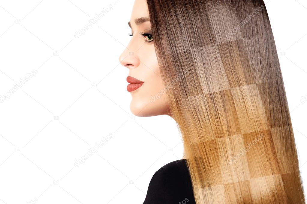 Healthy dyed long hair. Chessboard hairstyle cloloring technique