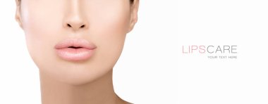 Plump lips of a beautiful woman. Nude lipstick. Care and beauty  clipart