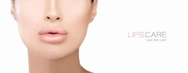 Plump lips of a beautiful woman. Nude lipstick. Care and beauty — Stock Photo, Image