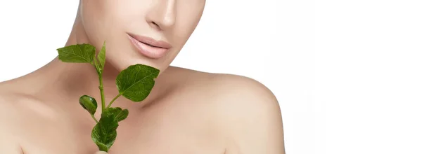 Természetes szépség egészséges bőr nő arc friss zöld levelek. — Stock Fotó