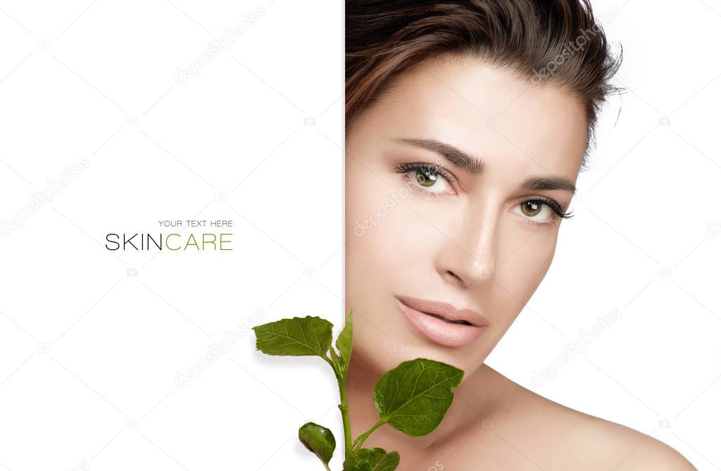 Natural skincare. Beauty Spa Woman and fresh green leaves. Organ