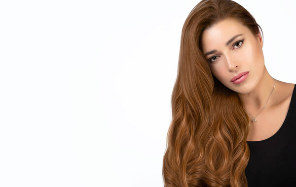 Brunette young woman with healthy long hair. Beautiful model girl with shiny wavy long hair hanging over shoulder. Fresh clean skin. Hair care products and cosmetology. isolated on white. Copy space. 