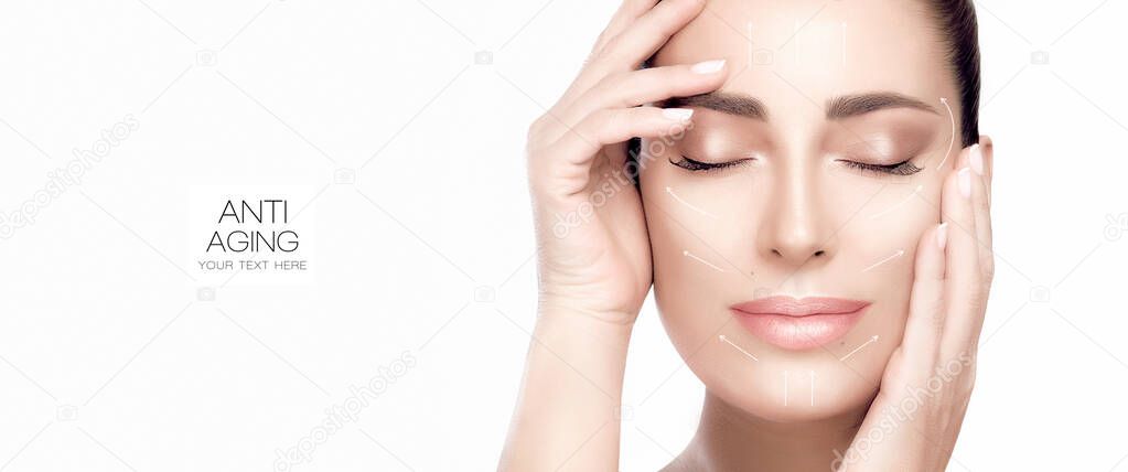 Anti aging treatment and plastic surgery concept. Beautiful serene woman with fresh clean skin. Heathy skin woman gracefully holding hands to her face. Cosmetology, beauty treatment and skincare.
