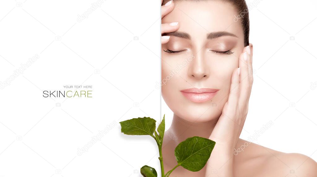Beautiful young woman with radiant flawless skin in a panorama with fresh green leaves and copy space over half the banner on white in a skincare and spa concept . Cosmetology and beauty treatment.