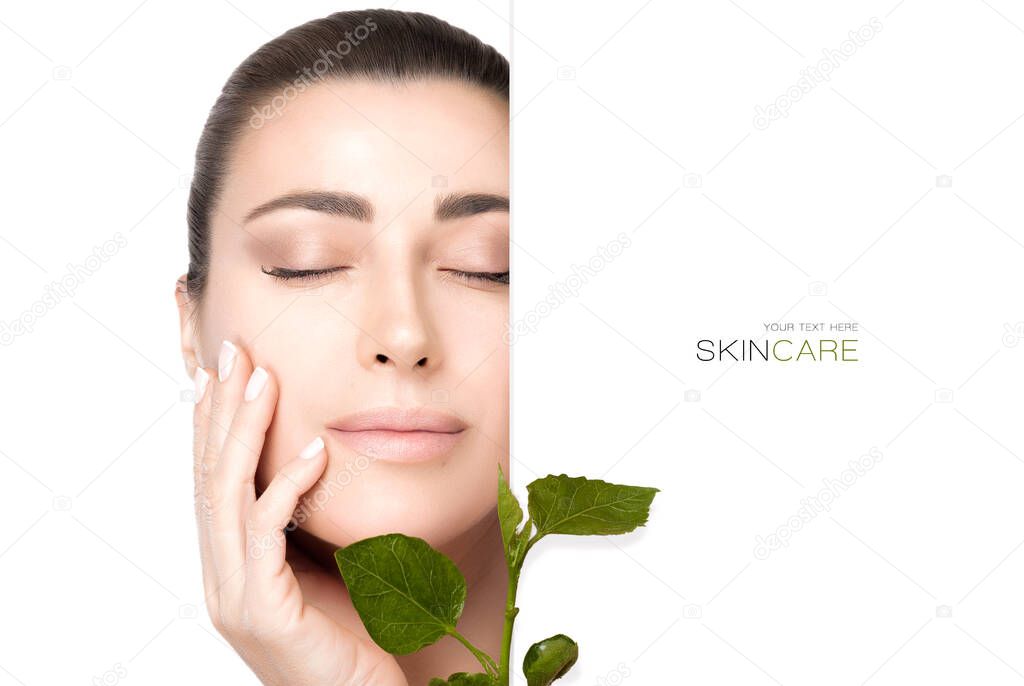 Beauty portrait of a young woman with flawless complexion and fresh clean skin in a cropped portrait with half white background with lateral copy space and green leaves in a spa treatment concept