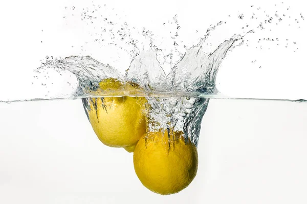 Freeze Motion Image Two Fresh Yellow Lemons Splashing Water Dropped — Stock Photo, Image