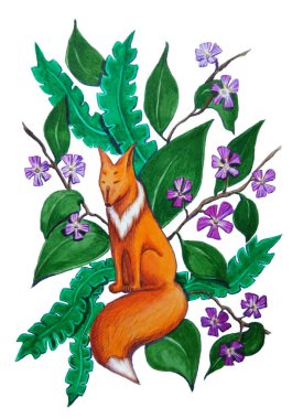 farklı yaprak ve çiçek arka plan üzerinde kapalı gözlerle rüya gibi tilki