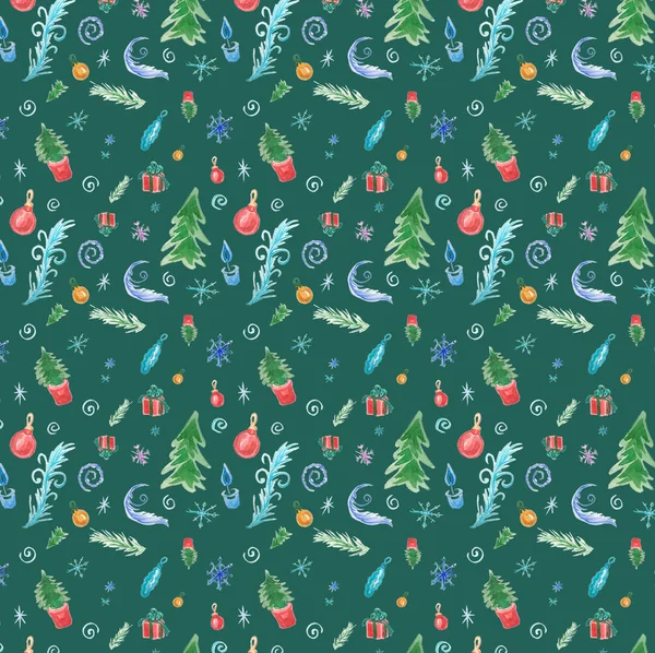 Winter Seamless Pattern Christmas Decorations Christmas Trees Green Background — Stock Photo, Image