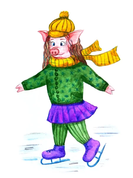 A cute pig in a cozy yellow scarf and hat skates. Symbol of 2019 for the design of holiday greeting cards, calendars and New Year\'s decor