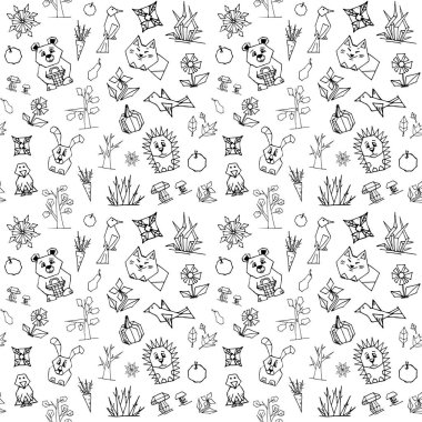 vektör şirin orman hayvanları, ağaçlar, çiçekler ve kuşlar, siyah ve beyaz, basit geometrik şekiller öğelerden ile seamless modeli