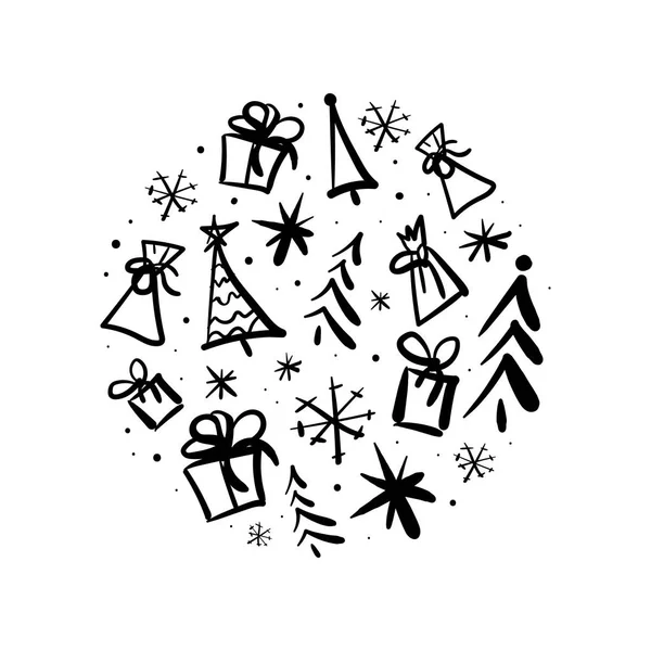 Vektör çizimi tema Noel ve yeni yıl, siyah ve beyaz, tebrik kartları, hediye dekorasyon için büyük yuvarlak. Doodle, elle çizilmiş