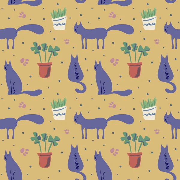 Modèle sans couture vectoriel avec des chats mignons en couleur douce — Image vectorielle