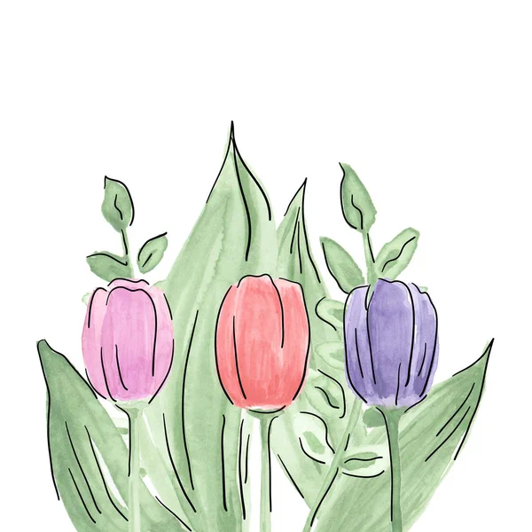 Ręcznie rysowane bukiet tulipanów. Akwarela kompozycja — Zdjęcie stockowe
