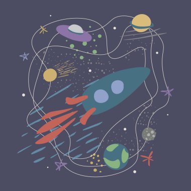 Roket, kuyruklu yıldız, yıldızlar ve gezegenler ile vektör Illustration. Spaceflight, uzay keşfi
