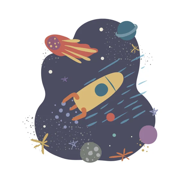 Roket, kuyruklu yıldız, yıldızlar ve gezegenler ile vektör Illustration. Spaceflight, uzay keşfi