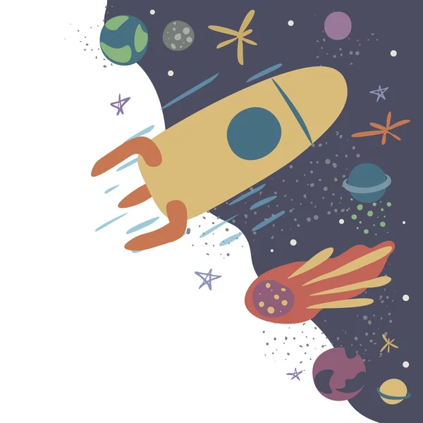 Roket, kuyruklu yıldız, yıldızlar ve gezegenler ile vektör Illustration. Spaceflight, uzay keşfi