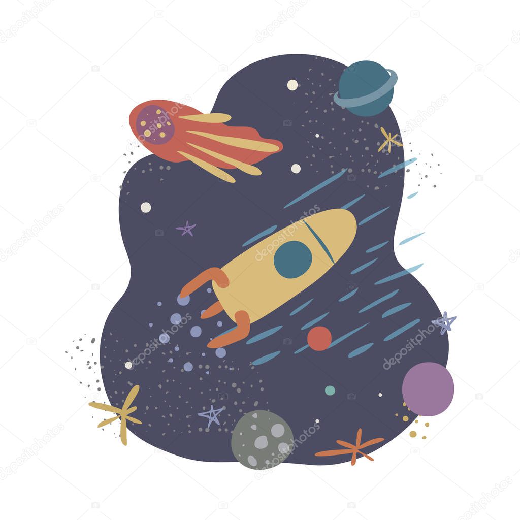 Vector illustration with rocket, comet,stars and planets. Spaceflight, space exploration