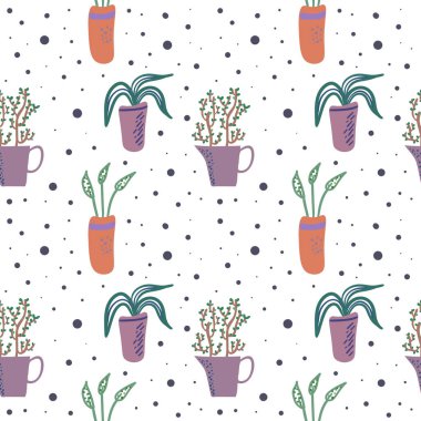 Çiçek kaplarında ev bitkileri ile vektör dikişsiz desen