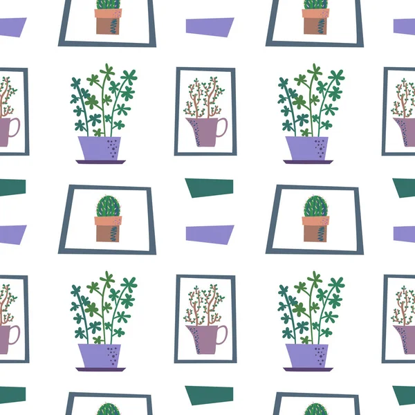 Modèle sans couture vectoriel avec plantes d'intérieur dans des pots de fleurs — Image vectorielle