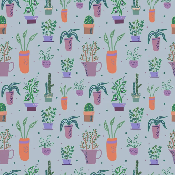 Çiçek kaplarında ev bitkileri ile vektör dikişsiz desen