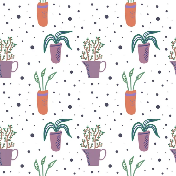 Modèle sans couture vectoriel avec plantes d'intérieur dans des pots de fleurs — Image vectorielle