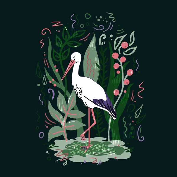 Illustration vectorielle avec cigogne blanche et plantes — Image vectorielle