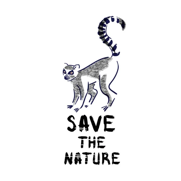 Sziluettje maki catta és grunge betűkkel egy fehér alapon. Wildlife, környezet-védelem. Vektoros illusztráció, kézzel rajzolt. — Stock Vector