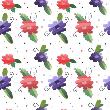 Beyaz arka planda yeşil, kırmızı ve mor renklerde çiçek ve yapraklar ile dikişsiz desen