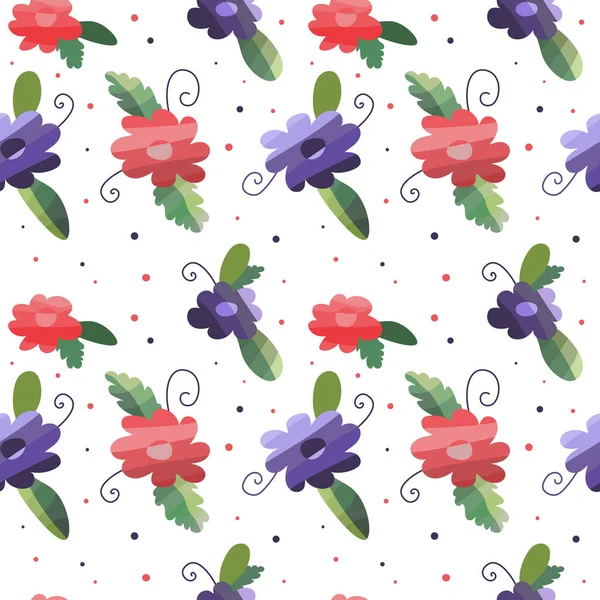 Bezešvé vzory s květinami a listy v zelených, červených a fialových barvách na bílém pozadí — Stockový vektor