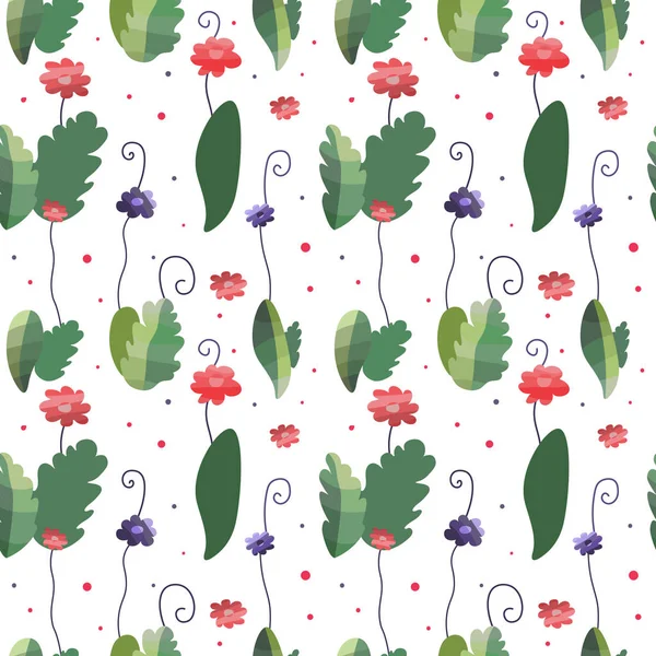 흰색 배경에 녹색, 빨간색과 보라색 색상의 꽃과 잎이있는 원활한 패턴 — 스톡 벡터