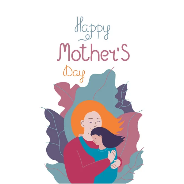 Ευχετήρια κάρτα της μητέρας ημέρα με μια γυναίκα αγκαλιάζει μικρή κόρη της — Διανυσματικό Αρχείο