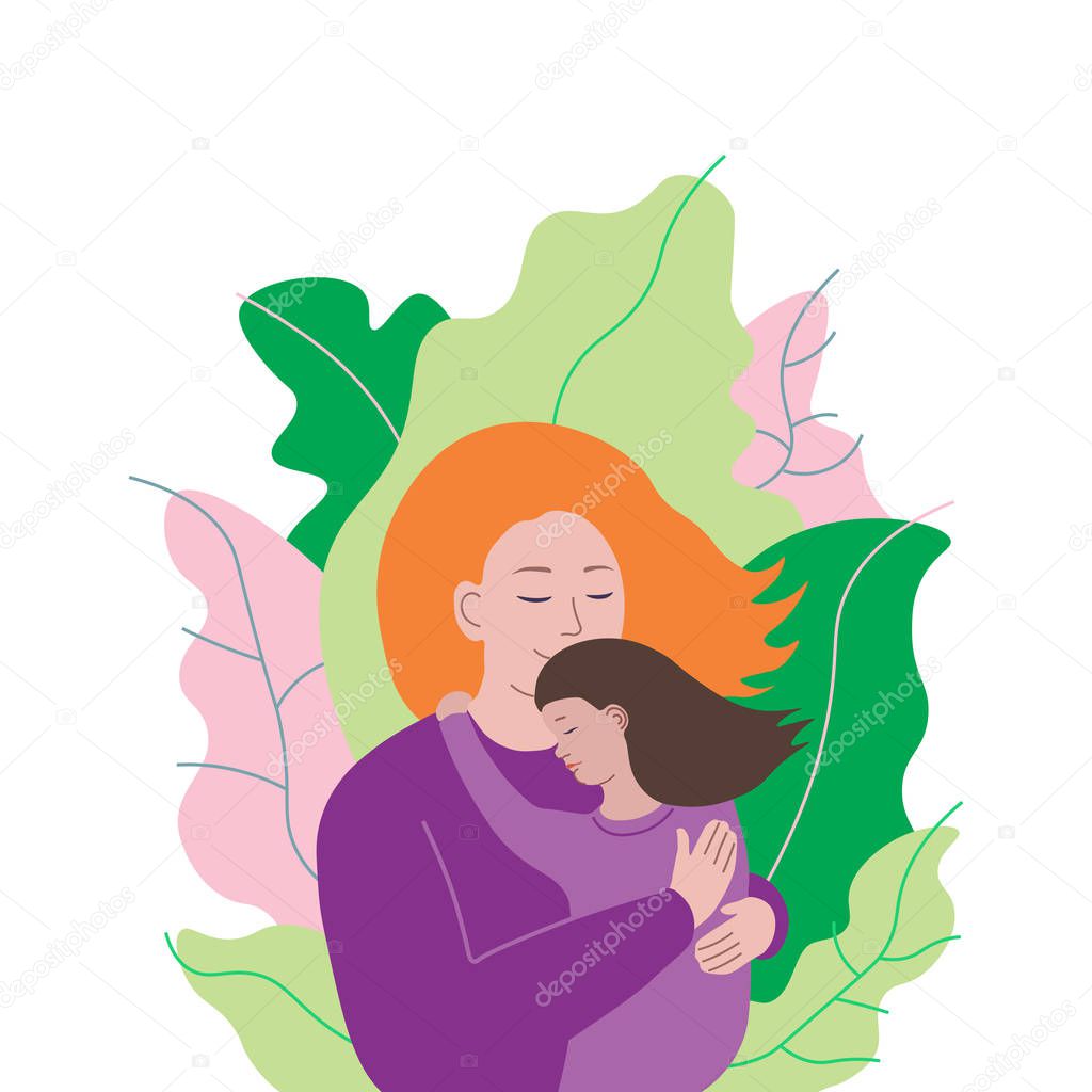 Beautiful ginger woman hugging her little daughter.Simple flat style on white background.
