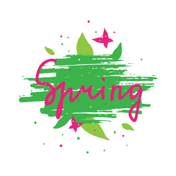 Spring lettering with grunge texture,leaves and butterflies. — Stock Vector