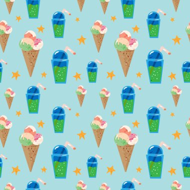 Mavi arka plan üzerinde dondurma ile Yaz dikişsiz desen. Vektör çizimi.