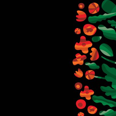 Siyah arka plan üzerinde basit kırmızı ve turuncu çiçekler ve yeşil yapraklar.