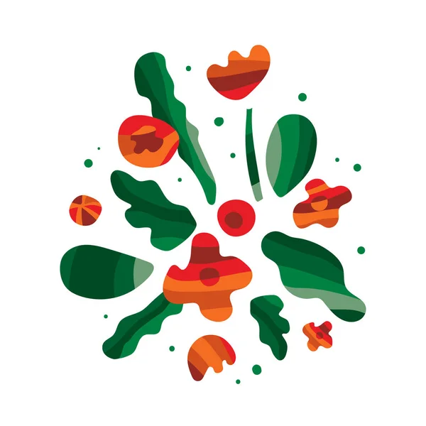 Eenvoudige rode en oranje bloemen en groene bladeren op witte achtergrond. Mooi boeket. — Stockvector