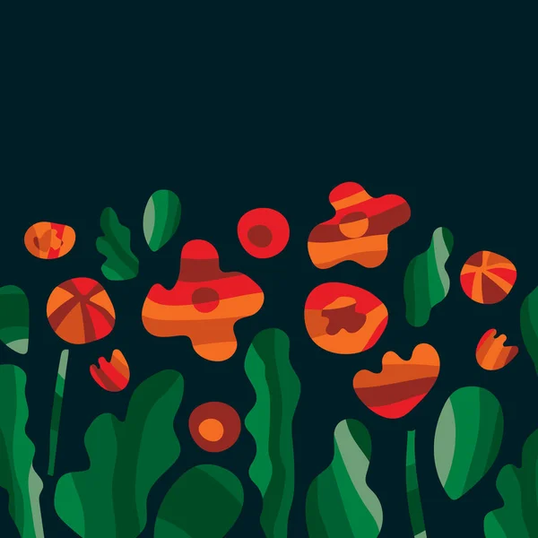 黒い背景にシンプルな赤とオレンジの花と緑の葉。美しい花束. — ストックベクタ