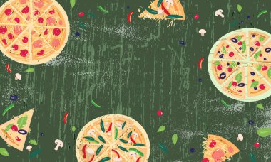 Ahşap tahta düz karikatür vektör arka plan üzerinde Pizza dilimleri.