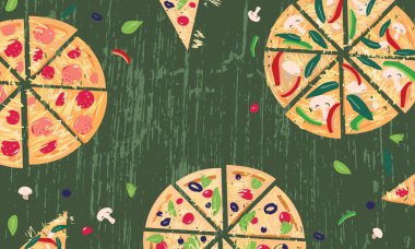 Taze malzemeler düz karikatür vektör arka plan ile mutfak masasında salam domates biber zeytin ile Pizza dilimleri